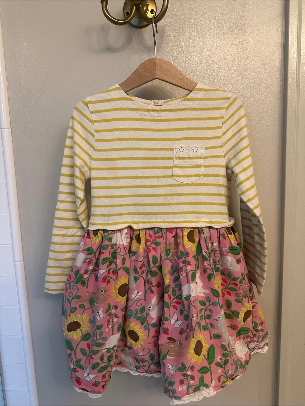 Mini Boden White and Yellow Striped Dress with Pink Trim